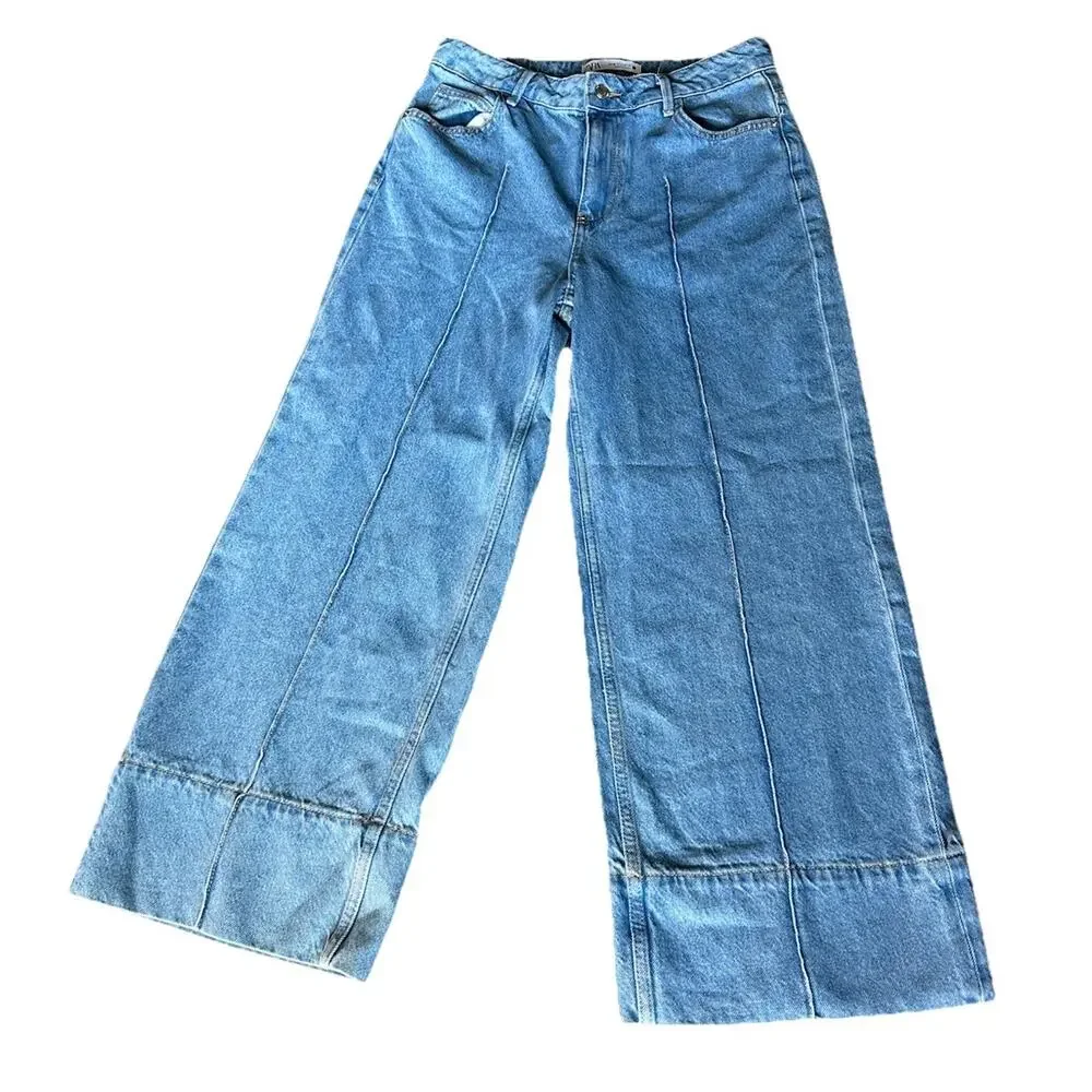 Zara Logo High-Waisted Cropped Wide Leg Jean Sz 6 Blue For Womens Cotton 100% - Picture 3 of 16